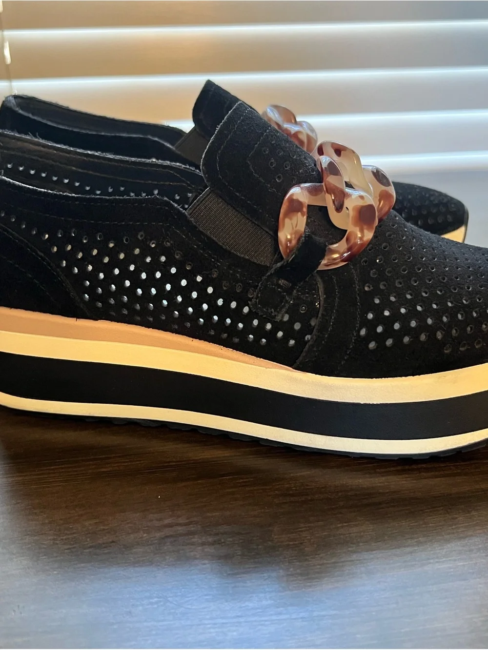 Dolce Vita Black Suede Platform Slip-On Sneakers with Tortoiseshell Chain